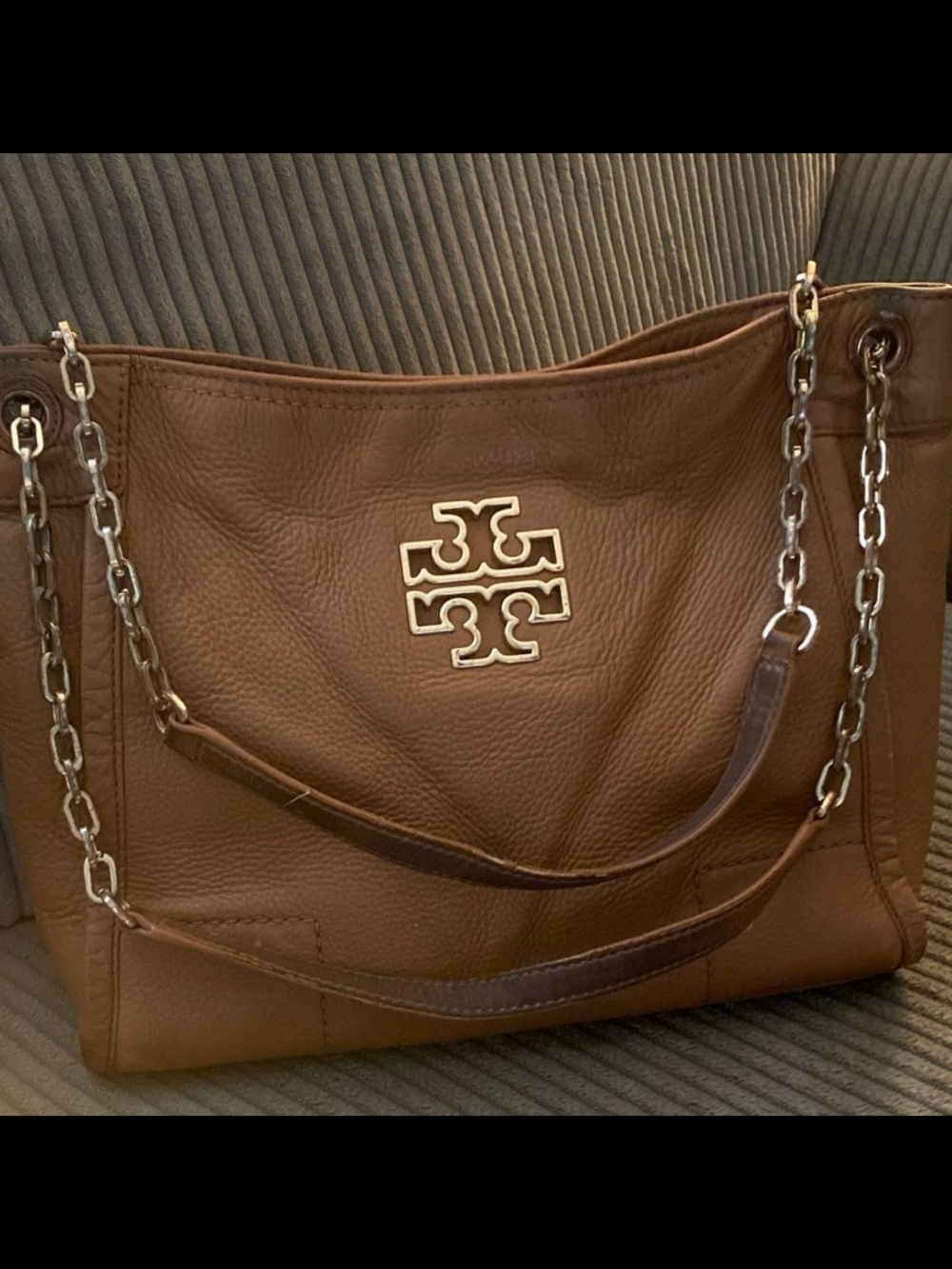 Tory Burch Brown Leather Chain-Handle Tote with Logo Medallion